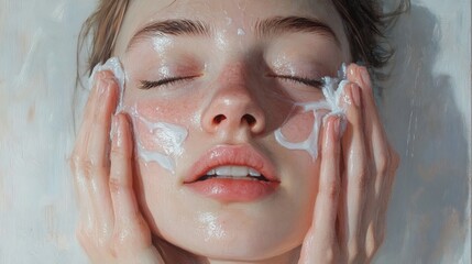Portrait: woman cleansing face
