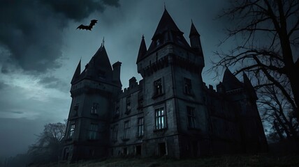 Obraz premium Halloween castle scenery with full moon in majestic night sky and highly detailed natural environment landscape. Halloween background. Horror scene for Halloween