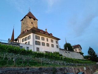 Fototapeta premium Schloss Spiez mit Schlosskirche am Thunersee Schlossgebäude / Burg im Kanton Bern / Berner Oberland - Schweiz im Abendlicht