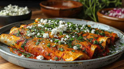 A plate of enchiladas with cheese and cilantro. The dish is served on a wooden table