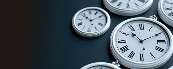 Multiple white analog clocks with Roman numerals on a black background. Concept of time, deadline, schedule, and urgency.
