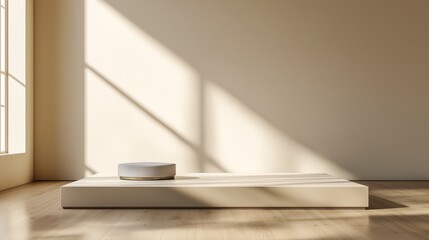A high-end minimalist space featuring smooth ivory walls and a blank and empty sleek product platform on a glossy wooden floor, designed for product displays.