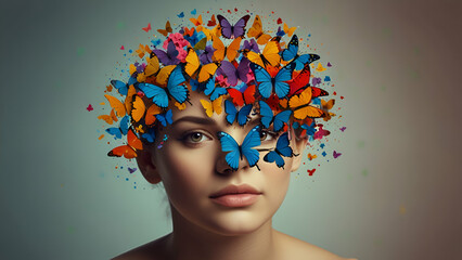 Human mind with butterflies, symbolizing self-care, mental health, positive thinking, and creativity.