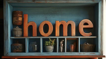 Rustic wooden 'home' letters on blue shelf with vintage decor items create cozy atmosphere....