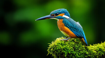 Fototapeta premium A brightly colored kingfisher sits on a green mossy branch. Its sharp beak and beautiful feathers are clear in this close-up nature photo.