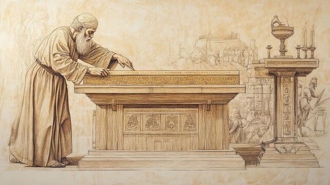 Exodus:The Ark, Table, and Lampstand, Biblical Illustration of Bezalel Carving Ark of the Covenant from Acacia Wood, Preparing for Gold Overlay - Bible Wall Art on Beige Background