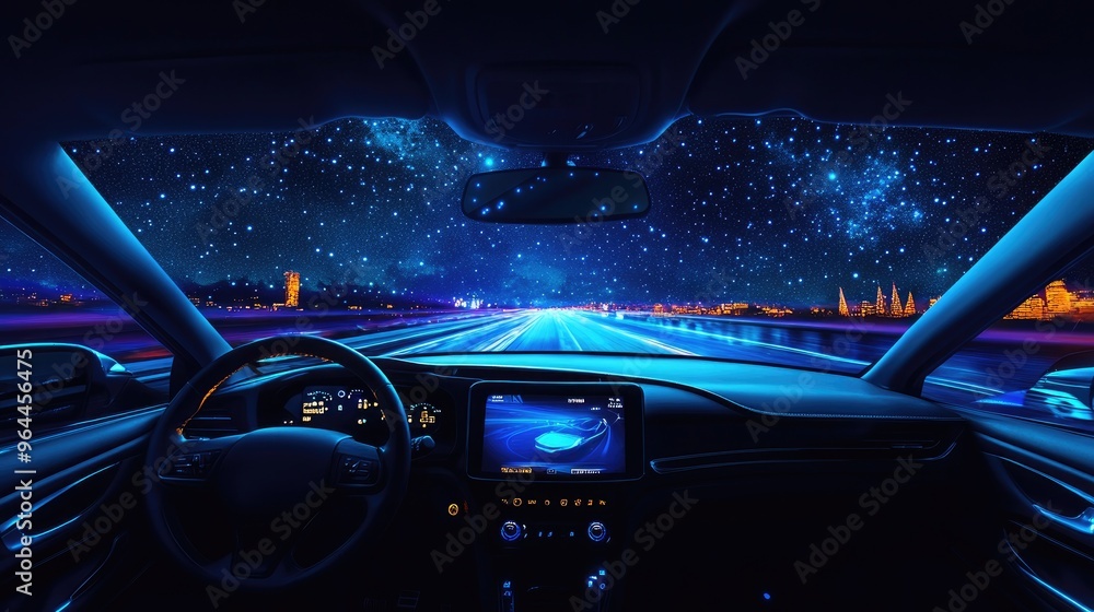 Poster intelligent car with an illuminated hud and iot interface, showcasing connected vehicle technology u