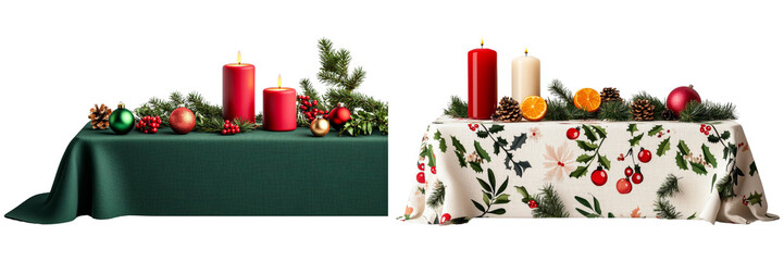 Festive holiday table setup with candles and decorative elements