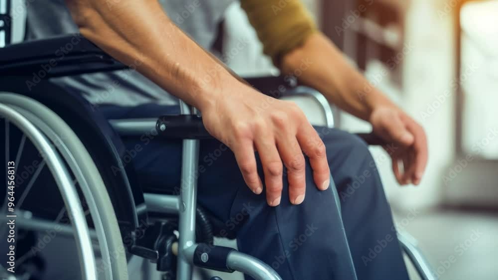 Poster close-up of a man seated in a wheelchair, hands resting on his lap, indoors. symbolizes accessibilit