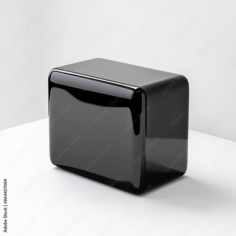 Poster a 3d render of a glossy black package with smooth edges, isolated on a clean white surface