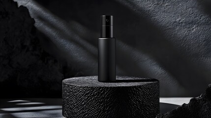 Black Perfume Bottle on a Stone Platform