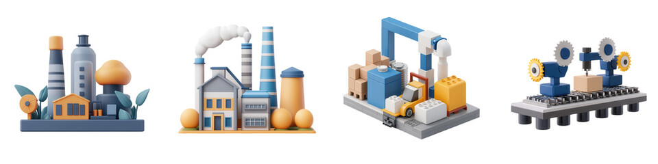 Colorful industrial buildings showcasing modern manufacturing and production processes with intricate designs and machinery. isolated on a transparent background
