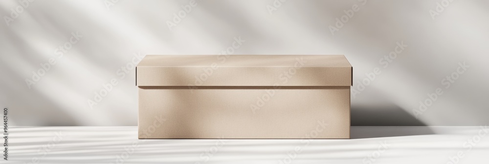 Poster a 3d render of a plain cardboard box with a flap lid, placed against a white background with subtle 