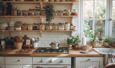 Farmhouse kitchen with a blank recipe card holder.