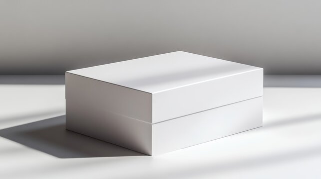 A 3D render of a plain white rectangular box with smooth edges and a closed lid, casting a soft shadow