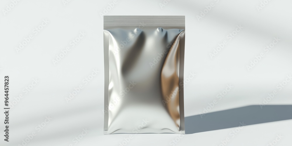 Poster a 3d render of a sealed foil pouch with a matte finish, casting soft shadows on a pure white backgro