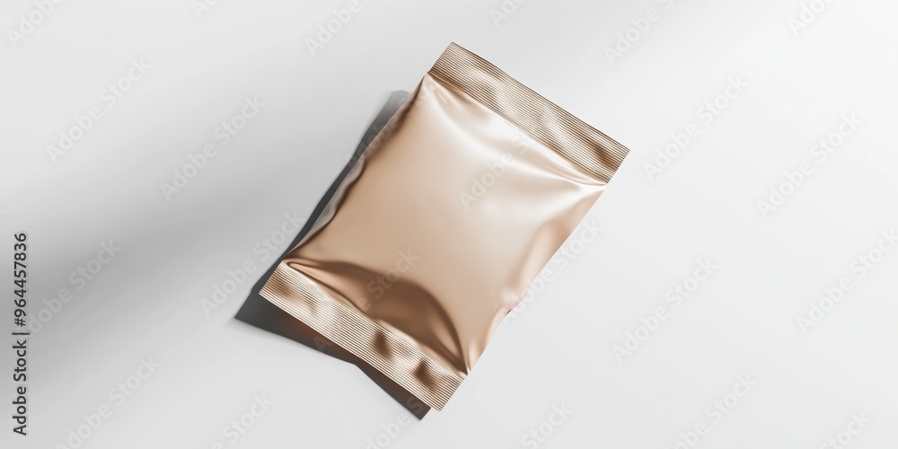 Poster a 3d render of a sealed foil pouch with a matte finish, casting soft shadows on a pure white backgro