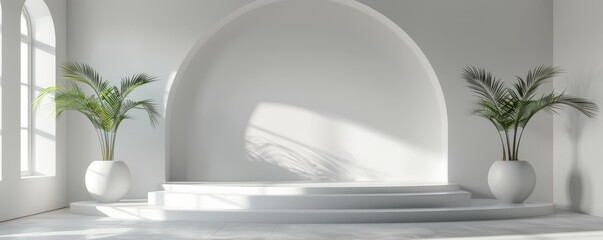 Minimalist white podium, creating a clean, elegant display in a bright room.