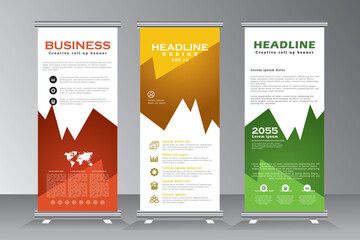 Roll up banner design template with red, yellow and green colour. vertical banner design template, pull up design, modern x-banner, rectangle size, presentation, poster, advertisement, vector