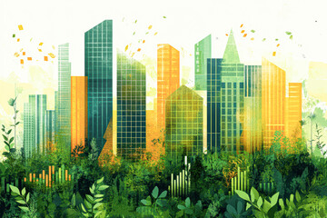 A cityscape with tall buildings and a lush green forest in the background