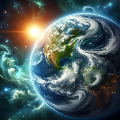 planet earth seen from space with the sun in the background, generated by AI
