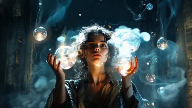 Woman manifesting and pulling bubbles of thoughts, law of attraction, telekineses or manifestation concept	
