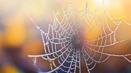 A mesmerizing close-up photo of dew drops delicately clinging to a spider web on a crisp autumn morning. The image captures the beauty and detail of nature during the fall season. Photography Stock.