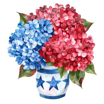 recommend clip art: Hydrangea flower bouquet in American flag inspired vase. Red blue white floral arrangement for USA patriotic holiday celebration. Watercolor clip art isolated