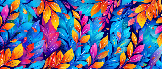 A colorful background of leaves and flowers. The colors are bright and vibrant, creating a lively and cheerful atmosphere