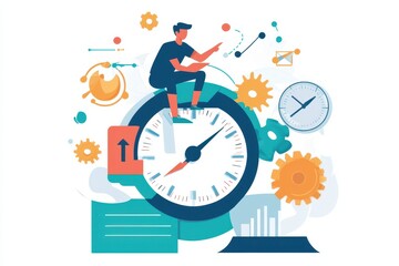A man sitting on a giant clock, surrounded by gears and other time-related symbols, representing the concept of time management.