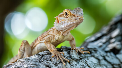 Obraz premium A close-up photo shows a beautiful brown lizard sitting on a tree branch. The photo is taken very close up, showing the lizard's details.