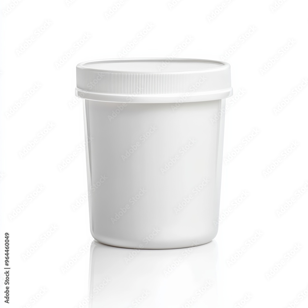 Poster a blank, white yogurt container with a smooth lid, isolated on a white background with soft reflecti