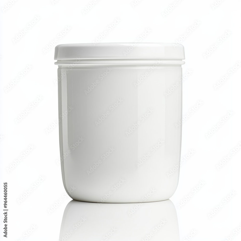 Poster a blank, white yogurt container with a smooth lid, isolated on a white background with soft reflecti