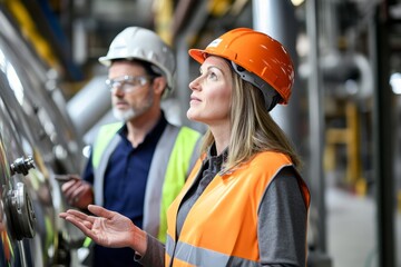 Female industrial worker with colleague inspecting equipment in factory.