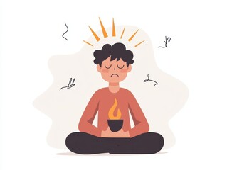 A stressed man sits in a lotus position, holding a cup of coffee with a flame rising from it.  He has a pained expression on his face.  The background is a soft, blurred white.