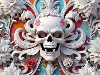 Naklejka premium a skull with flowers and leaves on it,Festive Dia De Muertos Skull on empty background, White skull with an ornate design of orange and blue flowers, combining a classic skull with vibrant floral elem