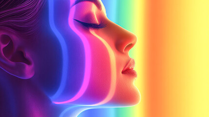 A woman's face is shown in a rainbow of colors