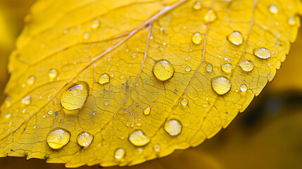 A close-up photo shows a bright yellow leaf with tiny water droplets on it.