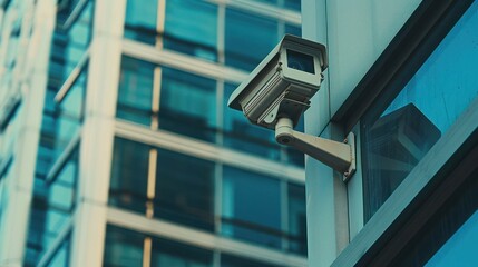 Contemporary security camera mounted on building exterior. Concept Security Cameras, Building Surveillance, Technology Integration, Urban Safety, Modern Security Systems 