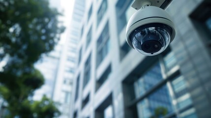 Contemporary security camera mounted on building exterior. Concept Security Cameras, Building Surveillance, Technology Integration, Urban Safety, Modern Security Systems 
