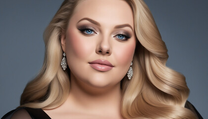Fototapeta premium Elegant Portrait of a Glamorous Young Woman with Luscious Waves and Sparkling Jewelry