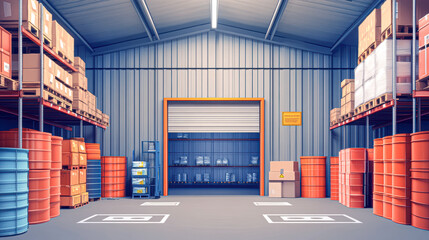 Fototapeta premium A large warehouse with orange barrels and boxes