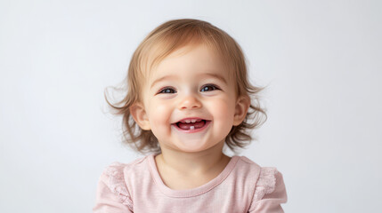 Naklejka premium Portrait of Smiling Caucasian toddler girl, sitting joyfully ,isolated on a pure white background