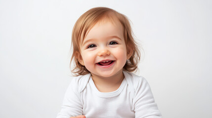 Naklejka premium Portrait of Smiling Caucasian toddler girl, sitting joyfully ,isolated on a pure white background