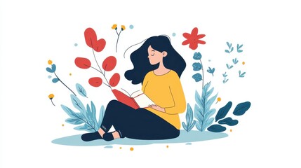 A young woman sits amidst colorful flowers, engrossed in reading a book.  She enjoys a peaceful moment surrounded by nature.