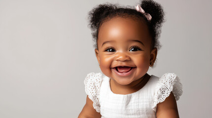 Portrait of Happy African-American baby girl, sitting with a smile ,isolated on a pure white background
