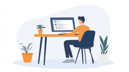 Fototapeta premium Man sitting at a modern desk in his home office, reviewing an e-invoice on his computer, with plants nearby, embracing digital, paperless work.