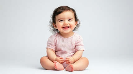 Portrait of Smiling Middle Eastern baby girl, sitting joyfully ,isolated on a pure white background