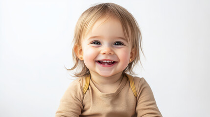 Naklejka premium Portrait of Happy Caucasian toddler girl, sitting with a big smile ,isolated on a pure white background