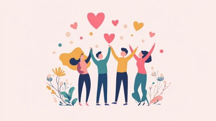 Four diverse people standing together, hands raised, holding hearts.  A celebration of love, community, and unity.  Surrounded by flowers, symbolizing growth and happiness.